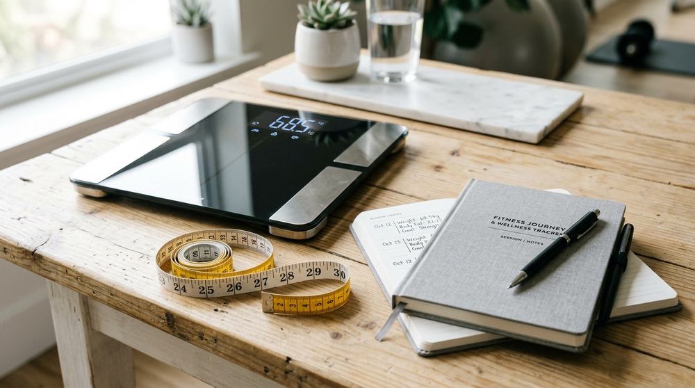 Bathroom scale, tape measure and a fitness notebook on a wooden desk