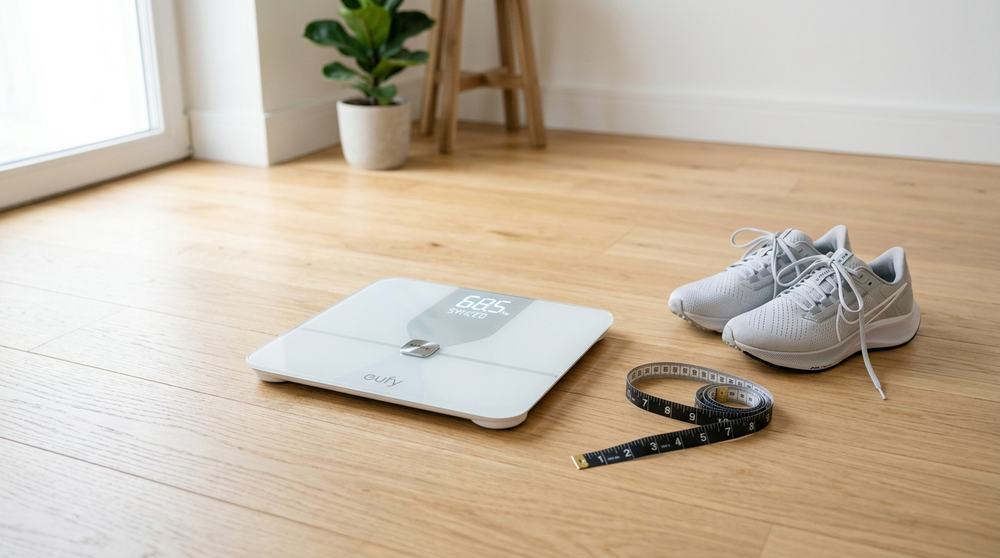 Bathroom scale, tape measure and running shoes on a wooden floor