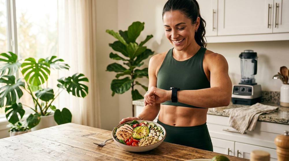 Woman in a kitchen checking her fitness watch beside a bowl of chicken, quinoa and vegetables