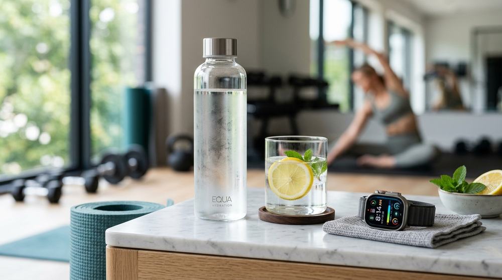 Water bottle and a glass of lemon water on a counter in a home gym