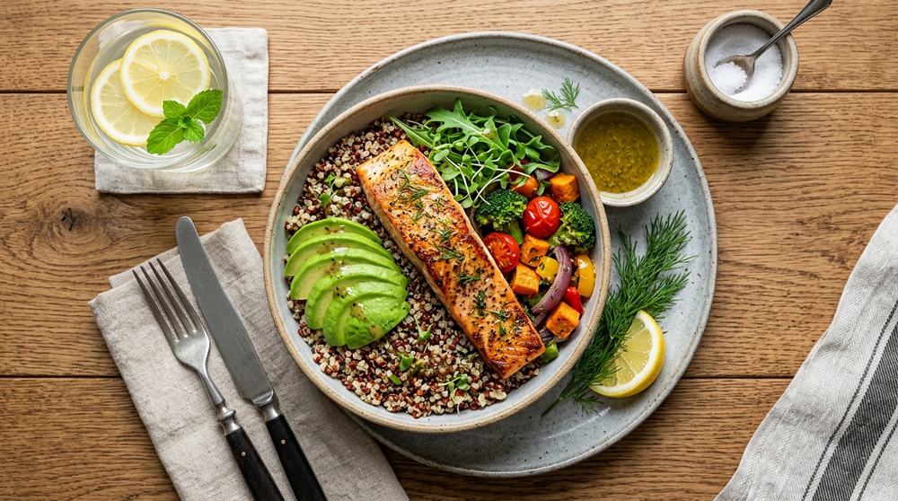 Plate of salmon on quinoa with avocado and roasted vegetables