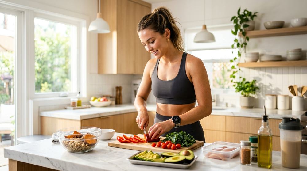 Woman preparing a meal of vegetables, chicken and sweet potato in a home kitchen